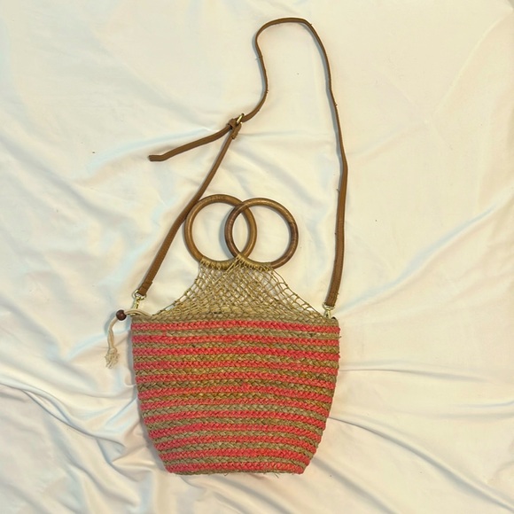 Vintage Nanette Lepore Clementine Jute BucketBag Berry/Coral Wood Handles - Picture 2 of 9